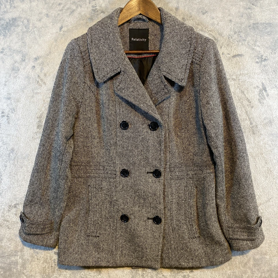 Relativity Coat Women Sz M Wool Blend Gray Tweed Double Breasted Preppy Classic - Image 1 of 4