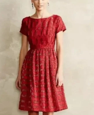 Excellent Cond Moulinette Soeurs Anthropologie  ruby Red Lace  A Line Dress Sz 4 - Image 1 of 4