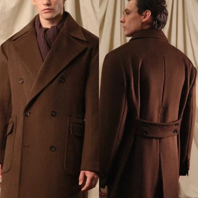 Tweed Men Knee-Length Coat Double Breasted Trench Coat Modern Fashion Business - Image 1 of 4