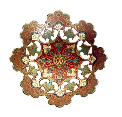 Vintage Enameled Brass Footed Bowl Openwork Peacock Floral Design, 9-1/2" Wide - Image 1 of 4