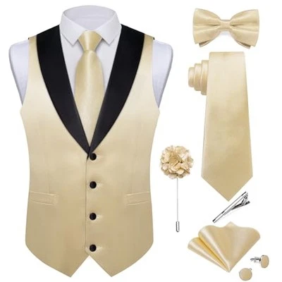  Mens Shiny Satin Vest Tie Set 8PCS Solid Waistcoat 3X-Large Satin Champagne - Image 1 of 4