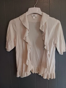 Ann Taylor LOFT Cardigan Womens Med Ivory Ruffled Short Sleeve (Ji) - Picture 1 of 6