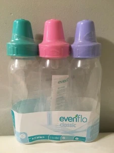 New Evenflo Classic Baby Bottles 8 Ounce Pink Teal Purple Slow Flow Nipples - Picture 1 of 8