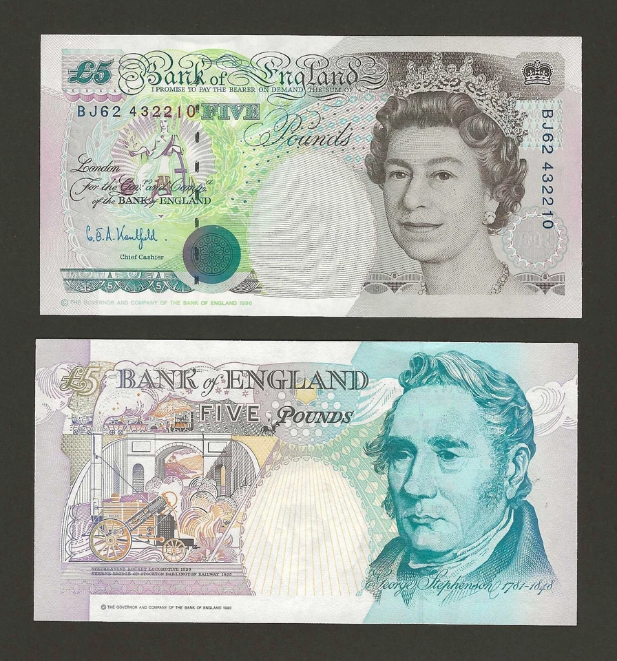 GRAN BRETAÑA 5 libras 1990-93, INGLATERRA P-382b B364 Kentfield, grado UNC, QEII Foto 1 de 1