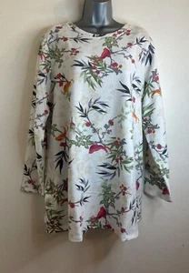 EX M&Co Multi Bird Floral Print Cotton Tunic Blouse Knitwear Jumper Top 20-28 - Picture 1 of 4