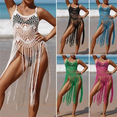 Women Tassels Bikinis Cover Up Crochet Beach-Dress Summer Bathing Suit Cover Up - Image 1 of 4