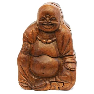 Puzzle secreto de la suerte Buda Hotai caja almacenamiento baratija joyería tallada madera arte de Bali - Imagen 1 de 8