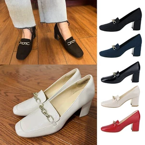 Women's Square Toe Mid Heel Patent Leather Loafers Slip On Work Shoes Pumps - Picture 1 of 70