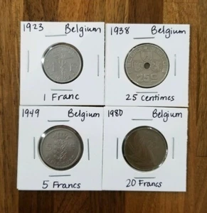 Belgium 1923-1980 Coins- 1923 1 Franc 1938 25 Cents 1949 5 Francs 1980 20 Francs - Picture 1 of 10