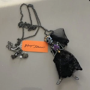 Betsey Johnson Halloween Necklace Dark Magic Skeleton Bride Pendant HematiteTone - Picture 1 of 12