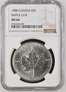 1988 $5 Canadian Silver Maple Leaf / NGC MS-66 / First Year Issue / Free Ship - Picture 1 of 8