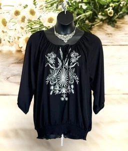 Lane Bryant 18 20 schwarz verzierte Bauernbluse Tunika Top L/Slv - Bild 1 von 12
