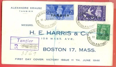 GB Victory Issue Overprint TANGIER Up-rated Registered FDC Cover to USA 1946 - Image 1 of 2