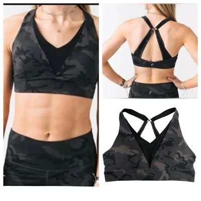 Zyia Forest Camo Sports Bra XXL Black Gray Mesh V-Neck Adjustable Straps Workout - Image 1 of 4