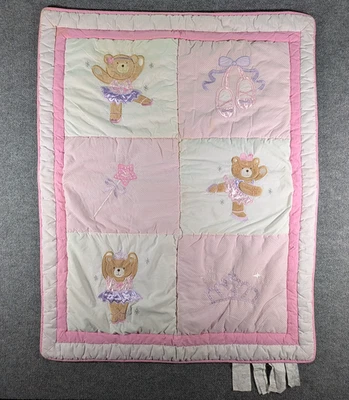 Girls Crib Quilt Blanket Pink White Dancing Ballerina Teddy Bear Babies "R" Us Foto 1 de 4