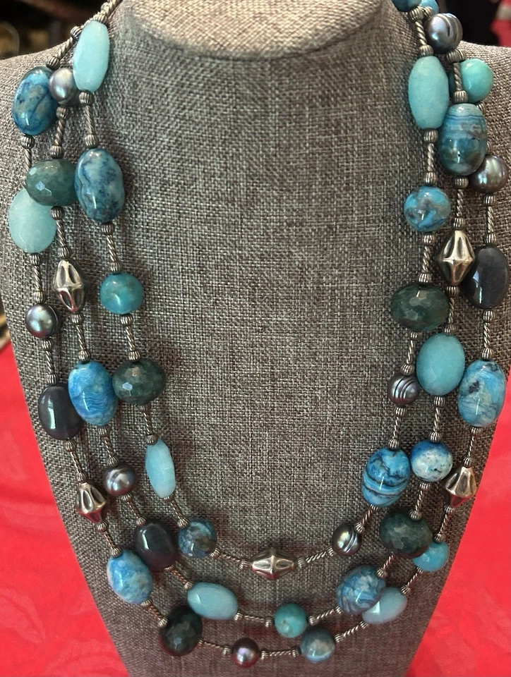 Collar Carolyn Pollack Oxidado Turquesa Esterlina 3 Hilos Piedras Preciosas Cuentas   Foto 1 de 4