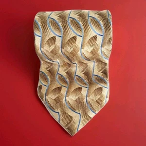 Geoffrey Beene Designer-Krawatte 100 % Seide braun hellbraun geometrisch blau Akzent - Bild 1 von 5
