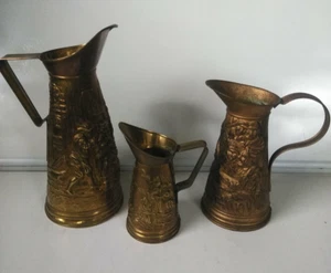 VTG Pitchers Brass set of 3 Embossed Colonial Tavern Scenes Decor 14” 8" 6" Tall - Picture 1 of 9