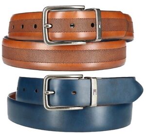 New Tommy Hilfiger Men's Reversible Embossed Leather Belt 11TL01X050 / Tan/Blue 