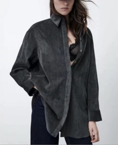 Zara Corduroy SIZE M OVERSIZED Button Down Shirt gray Charcoal - Picture 1 of 12