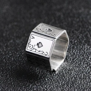 Solid 925 Sterling Silver Mens Heavy Unique Poker Ring Size Adjustable - Picture 1 of 6