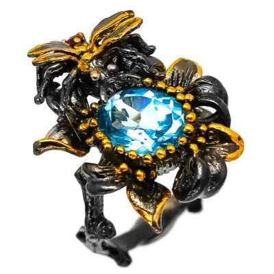 Irradiated  Natural Blue Topaz Silver Ring 925 Sterling / RVS70 - Image 1 of 3