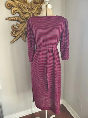 VESTIDO MIDI VINTAGE AÑOS 80 VINO + NEGRO PUNK RAYAS MANGA ABULLONADA TEJIDO CINTURÓN COLUMNA PEQUEÑO Foto 1 de 4