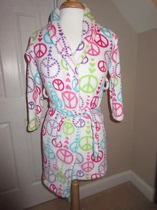 ROBE - So - Fleece - White/Pink/Green/Purple - Peace Signs - Sz Girls 7/8 - Picture 1 of 4