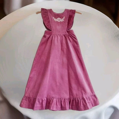 Vintage Dress Girls Cotton Pinnafore Dusty Pink Lined Corduroy Ruffled Long Rare - Image 1 of 4