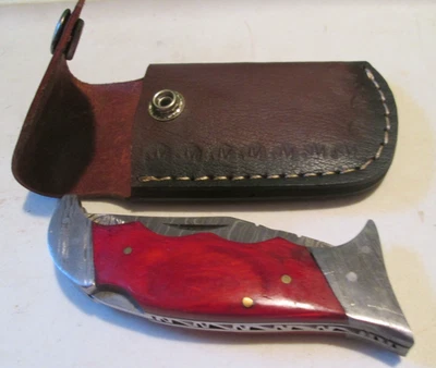 Damascus folding blade knife POCKETKNIFE red wood handle & leather sheath VTG - Image 1 of 2