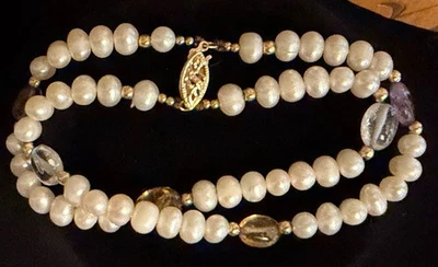 Pulseira de pérolas e pedras preciosas vintage de fio duplo genuína 6 mm 14k contas e fecho - Imagem 1 de 4