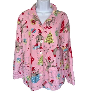 Nick & Nora Flannel Christmas Sock Monkey Santa Pajama Top Lights Trees Medium - Picture 1 of 10