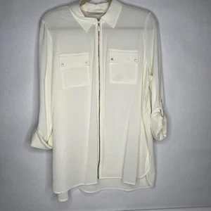 Soft Surroundings Women’s Cream Ivory Zip Blouse Top Size L Roll Tab Sleeve - Picture 1 of 9