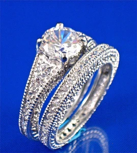 STERLING SILVER WHITE CZ VINTAGE ENGAGEMENT & BRIDAL WEDDING RING 2 PC SET, SZ-9 - Picture 1 of 10