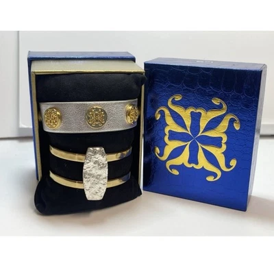 Juego de brazalete y brazalete de cuero tono oro y plata rústico nuevo Foto 1 de 4