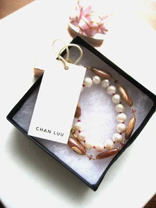Chan Luu Necklace Pearl White w Pink Ruby & Artisan Rohodochrosite on Gold NWT - Picture 1 of 12