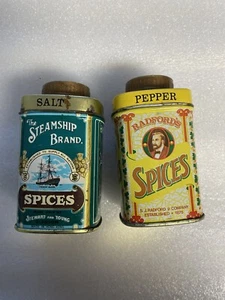 Salt & Pepper Shaker Set Tin Steamship Brand Bradford's Spices Vintage See Pic - Picture 1 of 6