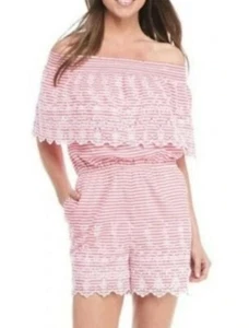 Crown & Ivy Romper Sz. Large Pink & White Stripe Off the shoulder Pockets Cotton - Picture 1 of 6
