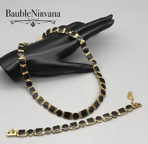 VTG 950 Sterling Silver&Black Enamel Squares Circles Links Necklace&Bracelet Set - Picture 1 of 3