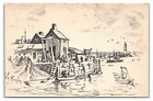Postcard - Lester Hornby sketch, Seaside with Boats and Lighthouse