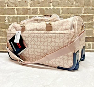 GUESS KARLIN TRAVEL DUFFLE ROLLING WHEELED BAG LOGO BLUSH PINK LUGGAGE NEW - Picture 1 of 11