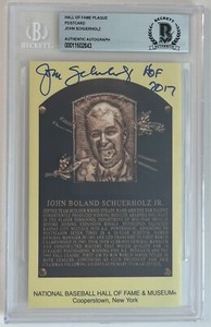 John Schuerholz HOF Slabbed  Signed Plaque Postcard BAS Beckett 843