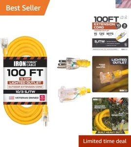 100 Foot Lighted Outdoor Extension Cord - 10/3 SJTW Yellow 10 Gauge Extension... - Picture 1 of 7