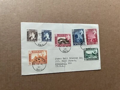 Aden 1954 FDC +Kathiri State of Seiyun #SG29-35 +Reg#0156 to Peoria IL USA - Image 1 of 2