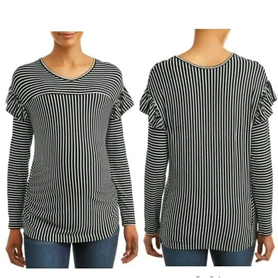 Time and Tru Maternity Top Womens Large Drop Ruffle Long Sleeve Black Stripe - Image 1 of 4
