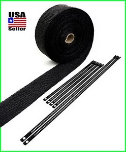 BLACK EXHAUST TURBO HEADER WRAP 2" X 50 FT ROLL BLACK STAINLESS LOCKING TIES - Picture 1 of 3
