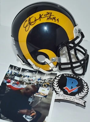 ERIC DICKERSON SIGNED CUSTOM FACE MASK MINI HELMET LOS ANGELES RAMS HOF 1999 JSA - Image 1 of 4