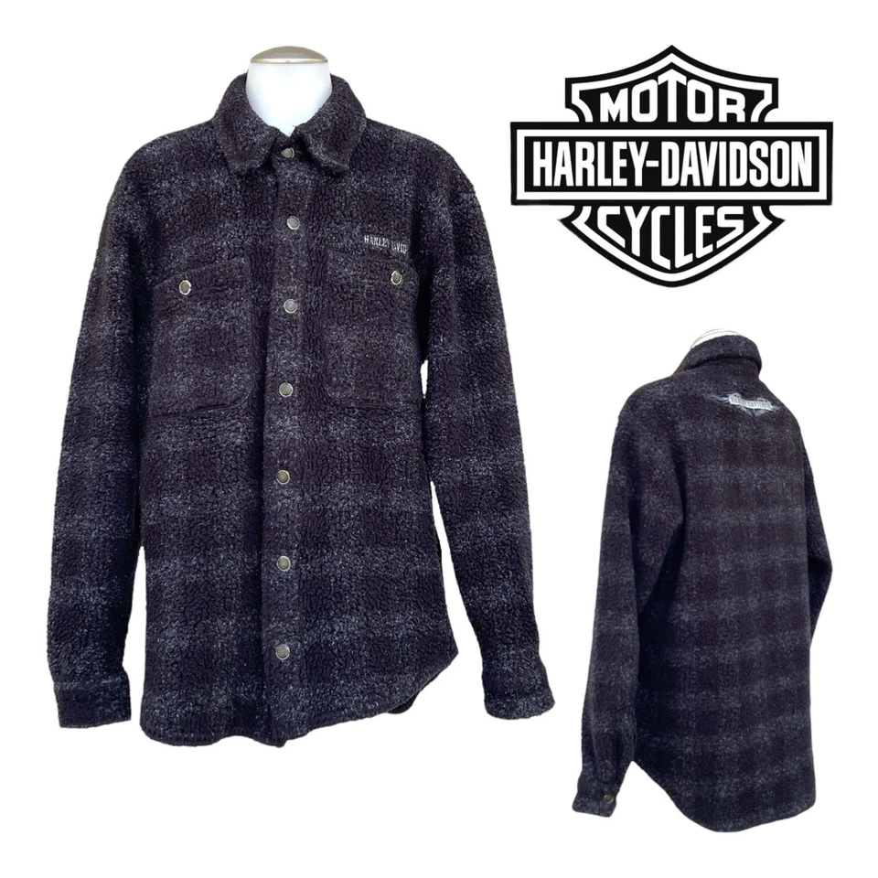 Vintage HARLEY DAVIDSON Mens M Womens XL Fleece Shirt Jacket Shacket Snap Front - Изображение 1 из 4