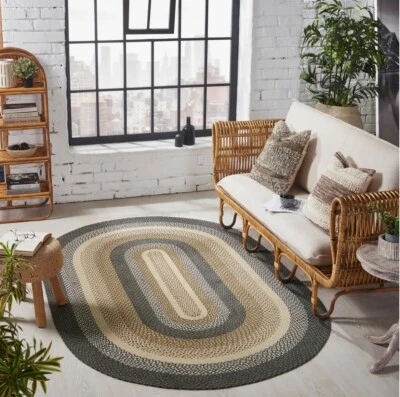 Grassland Braided Area Rug By IHF Rugs. Oval & Rectangle. Many Sizes. Green/Tan - Image 1 of 4