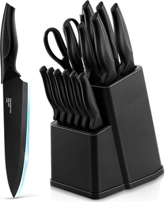 Messerblock mit Messerset 15 teilig Edelstahl mit Wetzstahl scharfe Küche - Bild 1 von 4